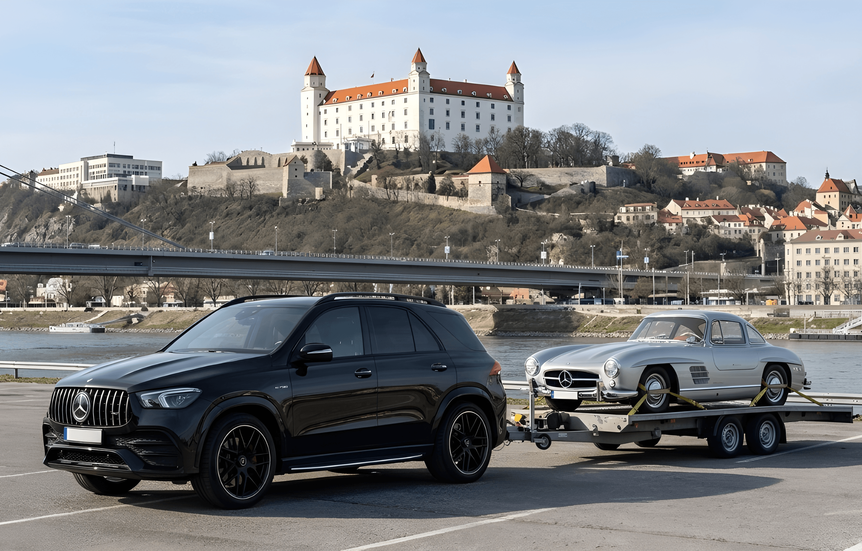 Mercedes GLE AMG with classic car on trailer, Bratislava Castle